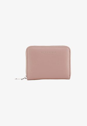 Pink leather wallet with a zip closure, embossed brand logo on the front, and smooth texture. Features rounded edges and silver hardware.