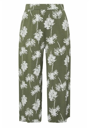 Olive green wide-leg pants with white palm tree print, elastic waistband, and relaxed fit.
