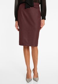 Femme portant une jupe crayon à rayures bordeaux, blouse noire transparente et escarpins argentés métalliques, se tenant sur un fond blanc.