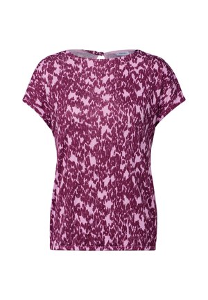 Top a maniche corte con un motivo astratto rosa e viola scuro, dotato di scollatura rotonda e dettaglio con apertura sul retro. Tessuto morbido.