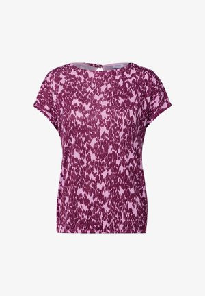 Top a maniche corte con un motivo astratto rosa e viola scuro, dotato di scollatura rotonda e dettaglio con apertura sul retro. Tessuto morbido.