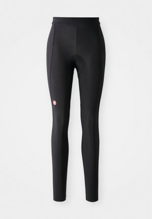Black full-length cycling tights with padded seat area and small round red logo on left thigh.