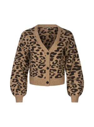 Leopardprint cardigan i tan og sort, med V-hals, seks knapper og ribbede manchetter og kant. Tekstureret strikstof. Kort design.