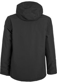 Sort isoleret jakke med hætte, der har en glat og vandafvisende overflade, lange ærmer og en lige kant. Ingen udsmykninger bemærket.