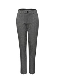 Pantalons à carreaux gris avec une coupe ajustée, dotés d'une fermeture à bouton et de passants de ceinture. Fabriqués dans un tissu texturé, idéaux pour les tenues formelles.