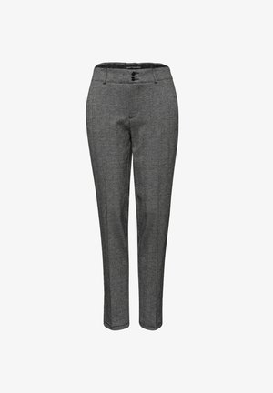 Grau karierte Hose mit maßgeschneiderter Passform, ausgestattet mit einem Knopfverschluss und Gürtelschlaufen. Hergestellt aus einem strukturierten Stoff, ideal für formelle Anlässe.