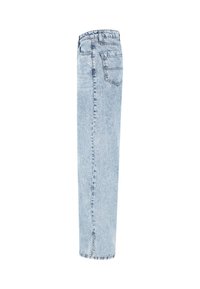 Jeans a gamba dritta azzurro chiaro acid-wash, mostrati di lato con tasca posteriore, passanti per cintura e spacco sull'orlo.
