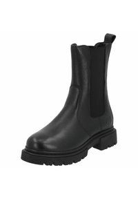 Zwarte leren Chelsea-boot met elastische zijkanten, gestructureerde afwerking, dikke rubberen zool en een lus voor gemakkelijke instap.