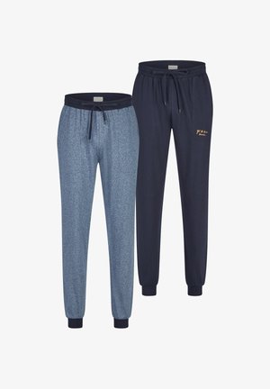 Dwie pary spodni dresowych z troczkami, jedna w jasnym melanżowym niebieskim kolorze, druga w jednolitym granatowym kolorze z napisem "idź na plażę" na kieszeni, z elastycznymi ściągaczami na nogawkach i w pasie.