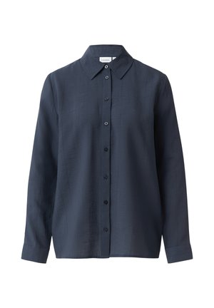 Camicia a maniche lunghe di un blu scuro, con chiusura a bottoni, colletto e un tessuto con texture. Presenta bottoni neri lungo il centro.