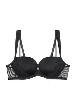 Svart bh med vadderade kupor och spetsdetaljer på sidorna. Har tunna axelband och en krokuppclosure framtill. Nätpaneler på sidorna.