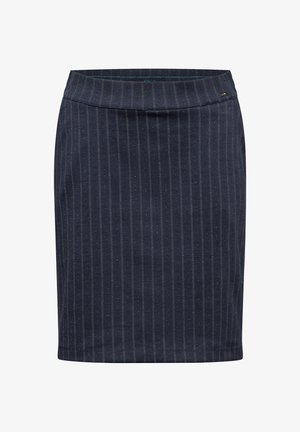 Marineblauer Rock mit vertikalen Nadelstreifen, aus einem strukturierten Stoff gefertigt. Hat ein tailliertes Design und einen Bund ohne zusätzliche Details.