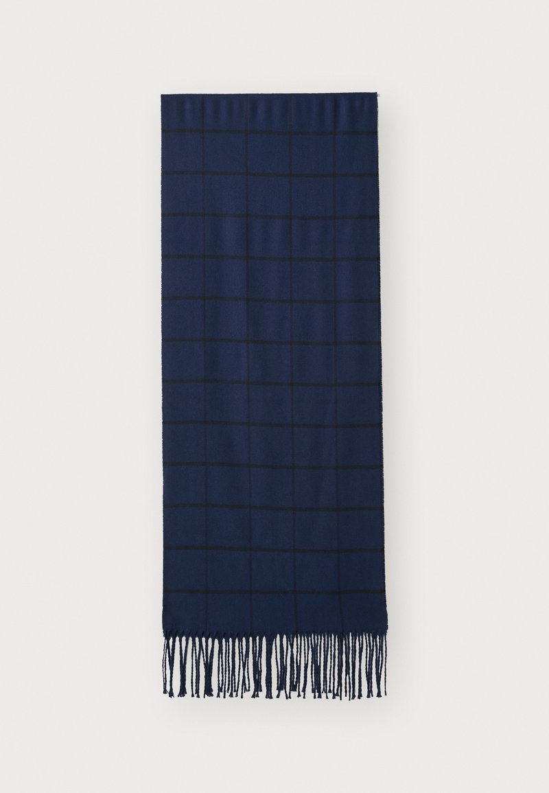 Navy blue wool scarf with a textured, checked pattern outlined in black. Finished with fringed edges for a soft touch.