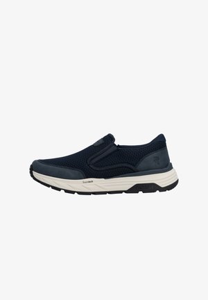 Zwarte instap-sneaker met een witte foam-tech zool, ademend mesh bovenwerk en rubberen buitenzool, ontworpen voor casual en comfortabel gebruik.