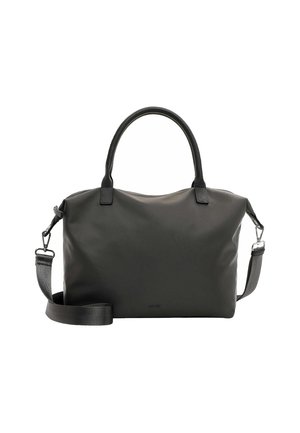 Borse in nylon nero con una texture liscia, manici corti e una tracolla rimovibile. Presenta una chiusura con zip e un design minimalista.