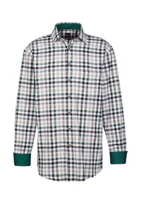 Camicia a maniche lunghe da uomo in un motivo a quadri multicolore verde, nero, grigio e bianco, dotata di bottoni frontali e taschino sul petto.