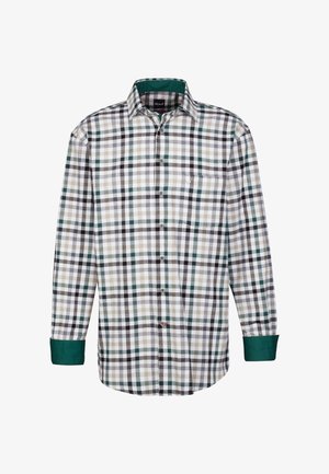 Camicia a maniche lunghe da uomo in un motivo a quadri multicolore verde, nero, grigio e bianco, dotata di bottoni frontali e taschino sul petto.