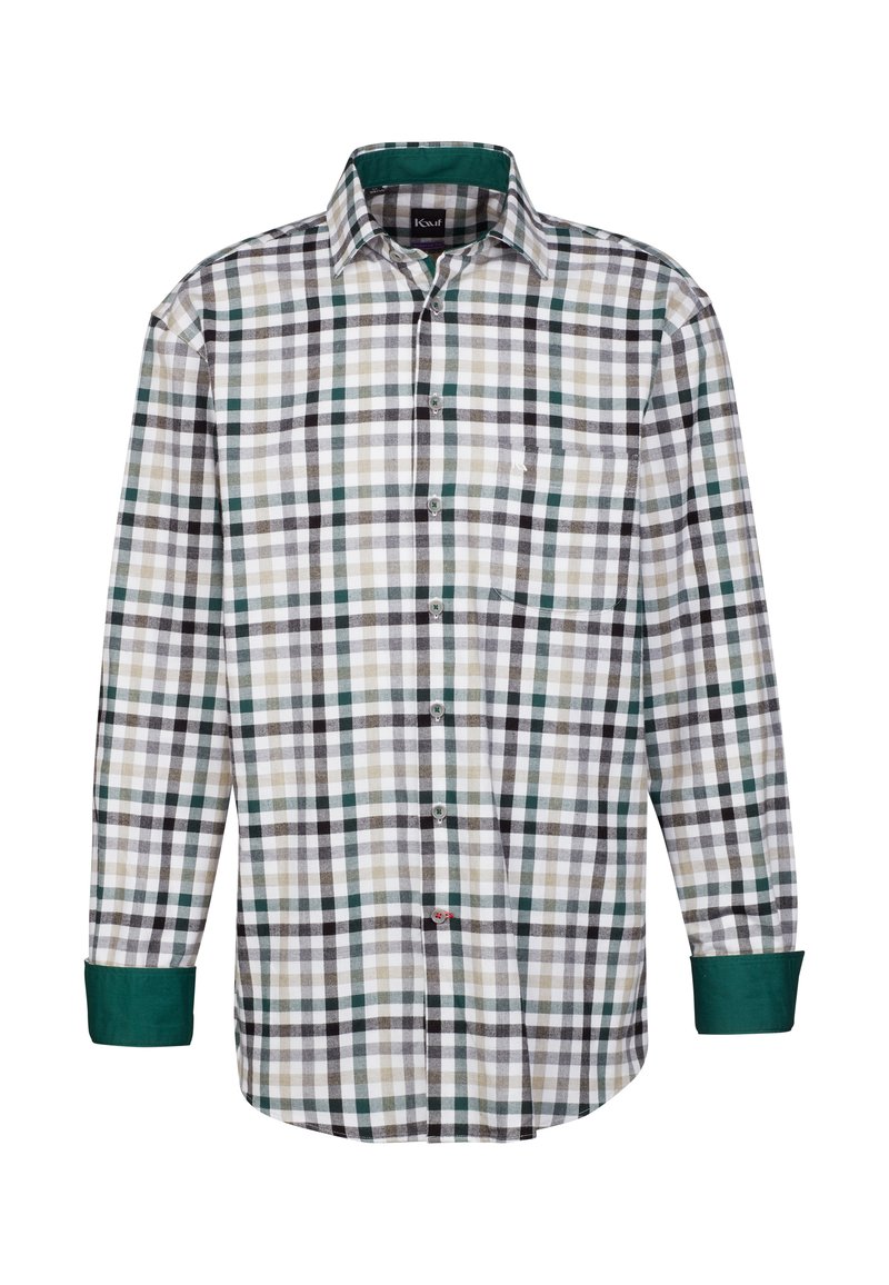 Camicia a maniche lunghe da uomo in un motivo a quadri multicolore verde, nero, grigio e bianco, dotata di bottoni frontali e taschino sul petto.