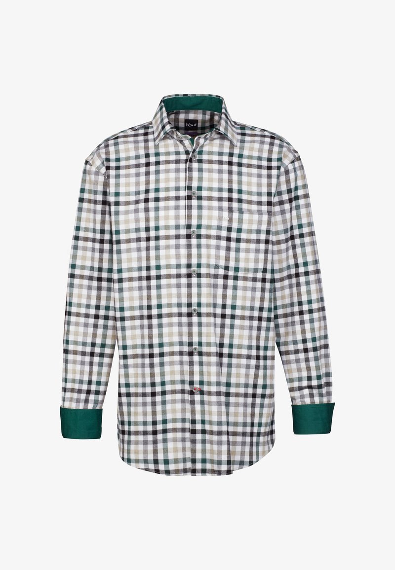 Camicia a maniche lunghe da uomo in un motivo a quadri multicolore verde, nero, grigio e bianco, dotata di bottoni frontali e taschino sul petto.