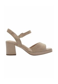 Sandale beige en daim à bout ouvert avec talon bloc, bride de cheville ajustable avec boucle, et semelle rembourrée.