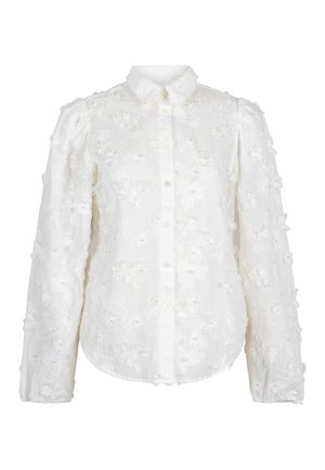 Witte blouse met lange mouwen en knopen, met een getextureerd bloemenborduursel en accenten van parelkralen, voorzien van een kraag en pofmouwen.