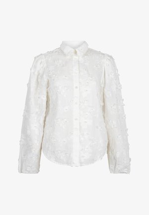 Witte blouse met lange mouwen en knopen, met een getextureerd bloemenborduursel en accenten van parelkralen, voorzien van een kraag en pofmouwen.