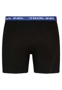 Svarta boxerkalsonger med en blå elastisk midjeband med texten "CONTROL IND." och platta sömmar för komfort.