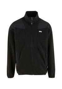 Giacca in pile nera con colletto alto, zip frontale e pannelli neri a contrasto sulle spalle. Presenta due tasche laterali per lo stoccaggio.