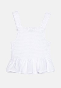 Weißes ärmelloses Top mit gerafftem Oberteil und Rüschenkante. Verfügt über breite Träger und einen glatten, leichten Stoff. Ideal für warmes Wetter.