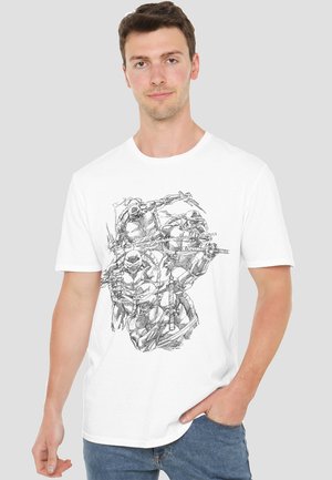 White cotton t-shirt featuring a black sketch of four characters in dynamic poses, depicting detailed outlines and facial expressions.
