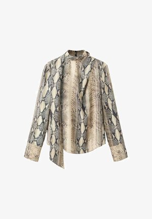 Lange mouwen blouse in beige en grijs slangenprint, met een hoge kraag en een asymmetrische zoom. Gladde textuur met een ontspannen pasvorm.