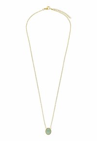 Gouden ketting met een ovale muntgroene hanger. De ketting heeft een delicate, gelinkte structuur met een sluiting en een verstelbare lengte.