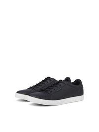 Black leather sneakers with a textured finish, flat white rubber sole, and six eyelets for laces. Simple design with no visible logo.