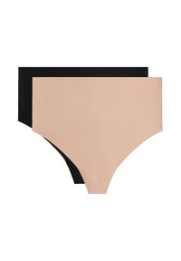 Două chiloți bikini fără cusături pentru femei, cu talie înaltă, în bej și negru, așezați suprapuși, bejul fiind în față, pe un fundal alb.