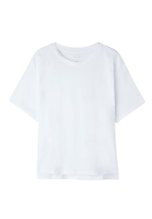 T-shirt blanc à manches courtes en coton, doté d'un col rond et d'une coupe décontractée. Texture lisse sans motifs ni accents visibles.