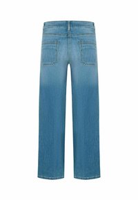 Lichtblauwe denim wijde broek met hoge taille, twee achterzakken en een ongezoomde rand. De stof heeft een vervaagde gradient effect.