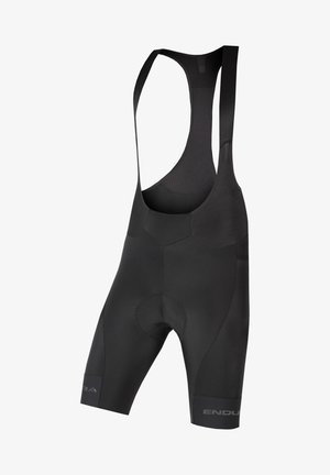 Black cycling bib shorts with a padded chamois, breathable mesh straps, and smooth fabric. Features logo detail on the leg.