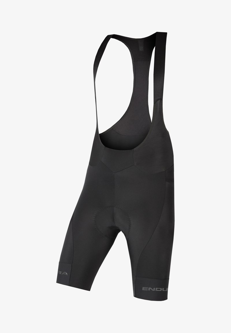 Black cycling bib shorts with a padded chamois, breathable mesh straps, and smooth fabric. Features logo detail on the leg.