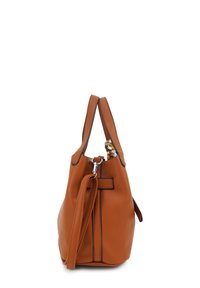 Tan leren handtas met een gestructureerde afwerking, twee schouderbanden, een bovenste ritssluiting en contrasterende stiksels. Beschikt over een binnenvoering met een patroon sjaal.