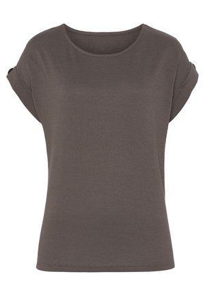 T-shirt en maille gris foncé à manches courtes avec un col rond et des revers pliés aux manches, présenté sur un fond blanc.