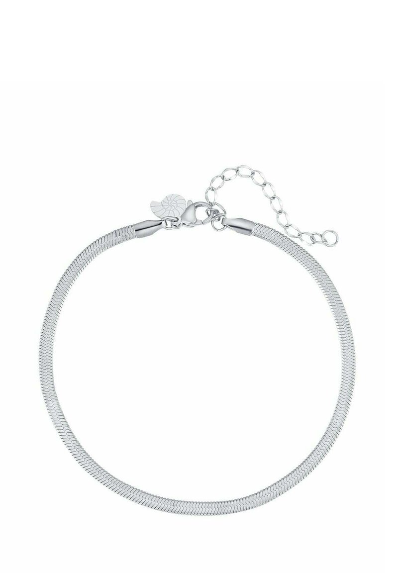 Srebrna bransoletka o elastycznym, plecionym wzorze, z zapięciem typu lobster oraz regulowanym łańcuszkiem umożliwiającym dostosowanie rozmiaru.