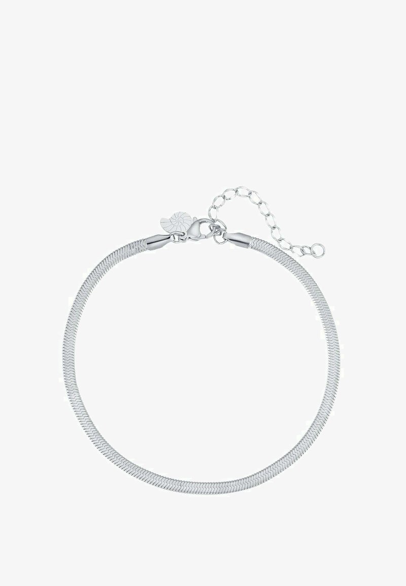 Srebrna bransoletka o elastycznym, plecionym wzorze, z zapięciem typu lobster oraz regulowanym łańcuszkiem umożliwiającym dostosowanie rozmiaru.