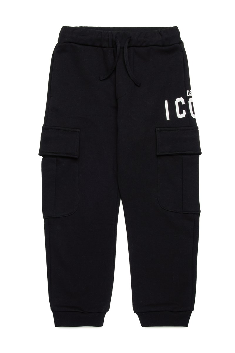 Pantaloni felpati neri in misto cotone, con vita elastica, coulisse e due tasche cargo laterali. Stampa "ICON" in bianco.