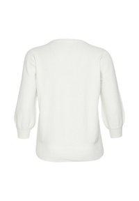 White, soft knit sweater featuring a relaxed fit, round neckline, and three-quarter puffed sleeves. Ribbed cuffs and hem detail.