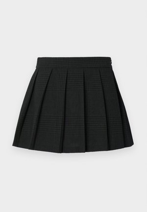 Black pleated skirt made from textured fabric. Features a waistband and subtle plaid pattern throughout. Short length with layered pleats.
