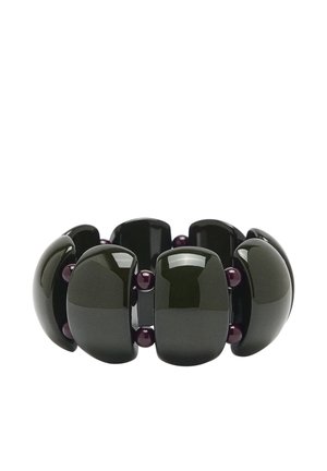 Czarne błyszczące, zakrzywione prostokątne i okrągłe koraliki nawleczone jako elastyczna bransoletka z ciemnofioletowymi okrągłymi koralikami rozdzielającymi.