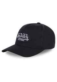Casquette de baseball en coton noir avec un patch logo oval brodé portant le texte "Von Dutch California" en blanc. Visière incurvée et sangle réglable.