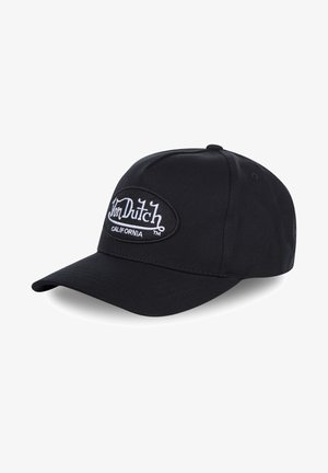Casquette de baseball en coton noir avec un patch logo oval brodé portant le texte "Von Dutch California" en blanc. Visière incurvée et sangle réglable.