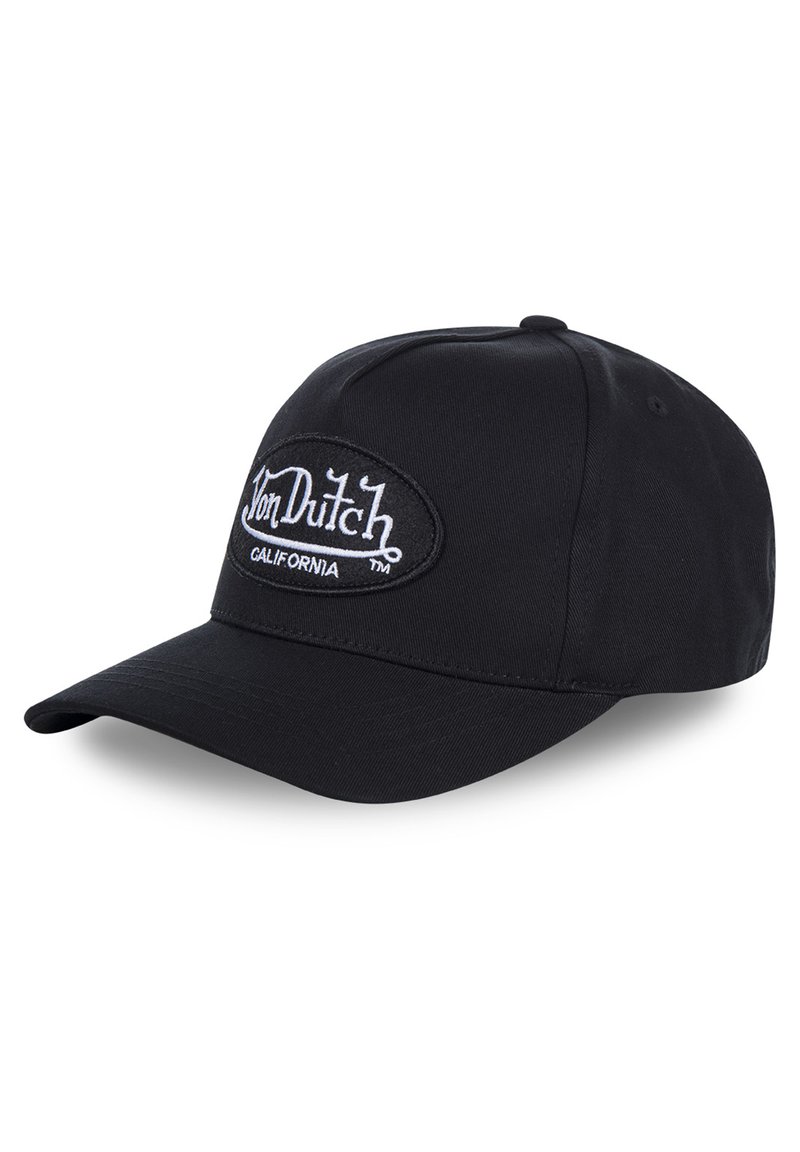 Casquette de baseball en coton noir avec un patch logo oval brodé portant le texte "Von Dutch California" en blanc. Visière incurvée et sangle réglable.
