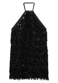 Robe courte noire à col licou avec des sequins superposés créant un effet de franges scintillantes.